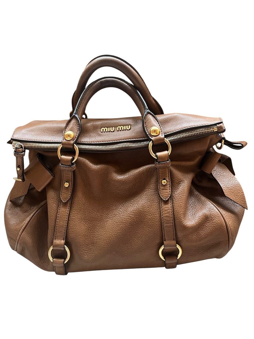 MIU MIU Vitello Lux Bow HandBag in Brown Leather Satchel Authentic